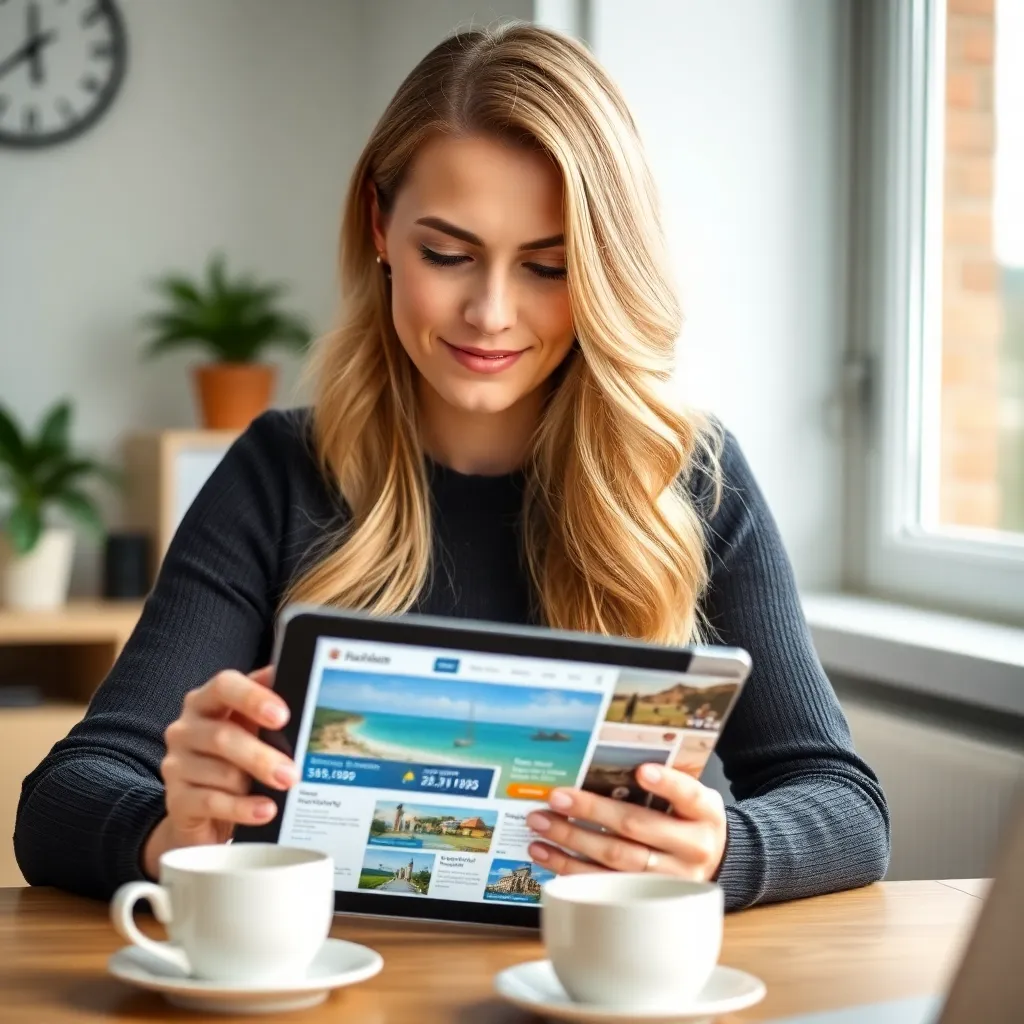 Persoon die vakantiekosten vergelijkt op tablet met reiswebsites