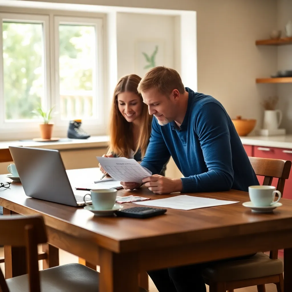 Gezin dat vakantiebudget plant aan keukentafel met laptop en rekenmachine