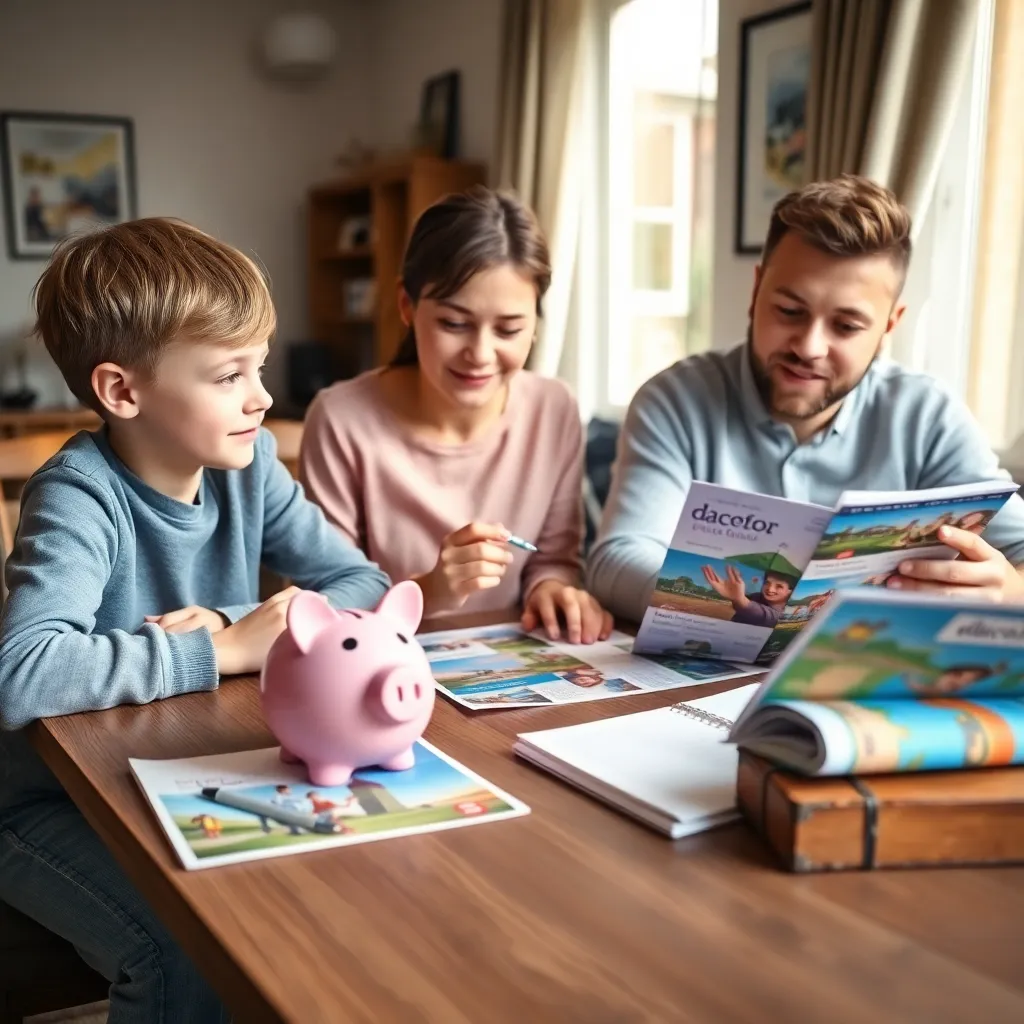 Gezin dat vakantieactiviteiten plant met spaarvarken en vakantiebrochures