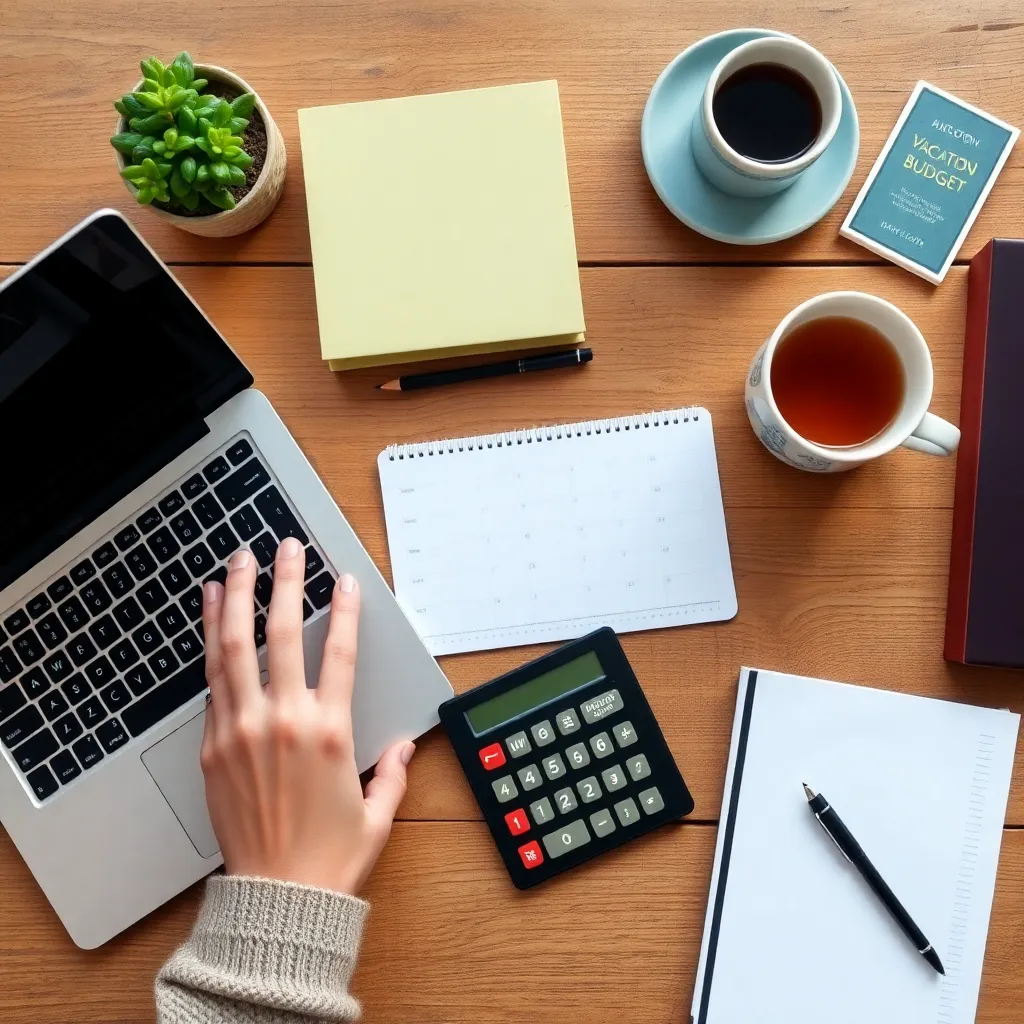 Persoon die vakantiebudget berekent op laptop met notitieblok