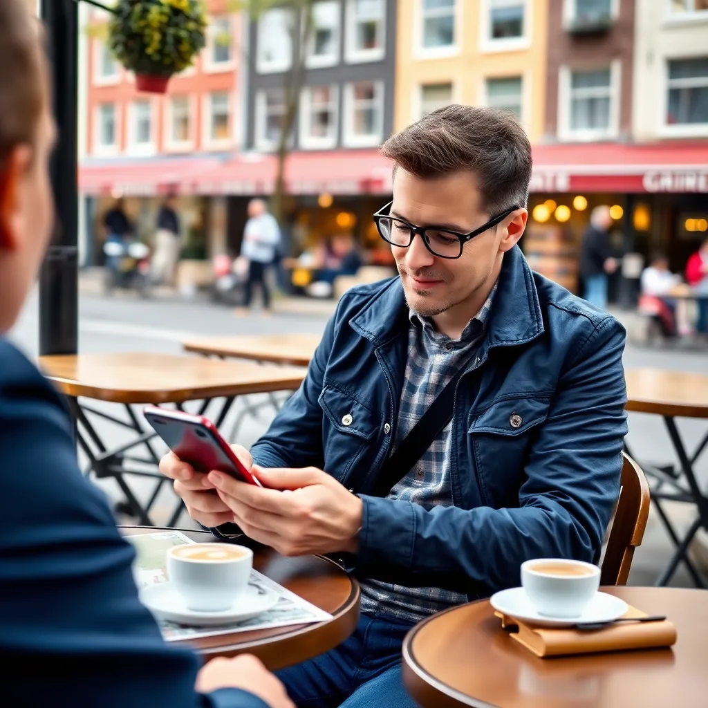 Persoon gebruikt vakantiebudget app op smartphone tijdens vakantie