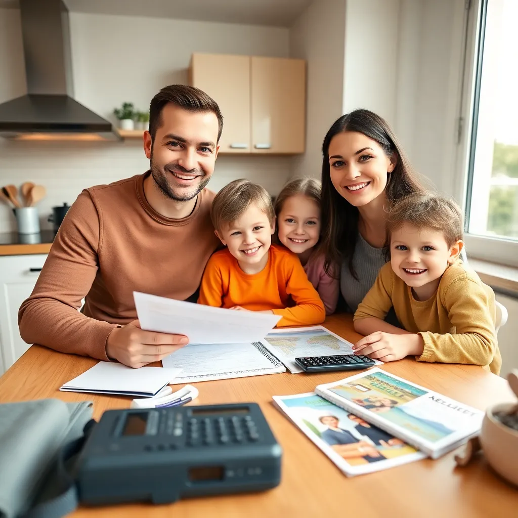 Familie in overleg over vakantiewensen aan tafel met notities