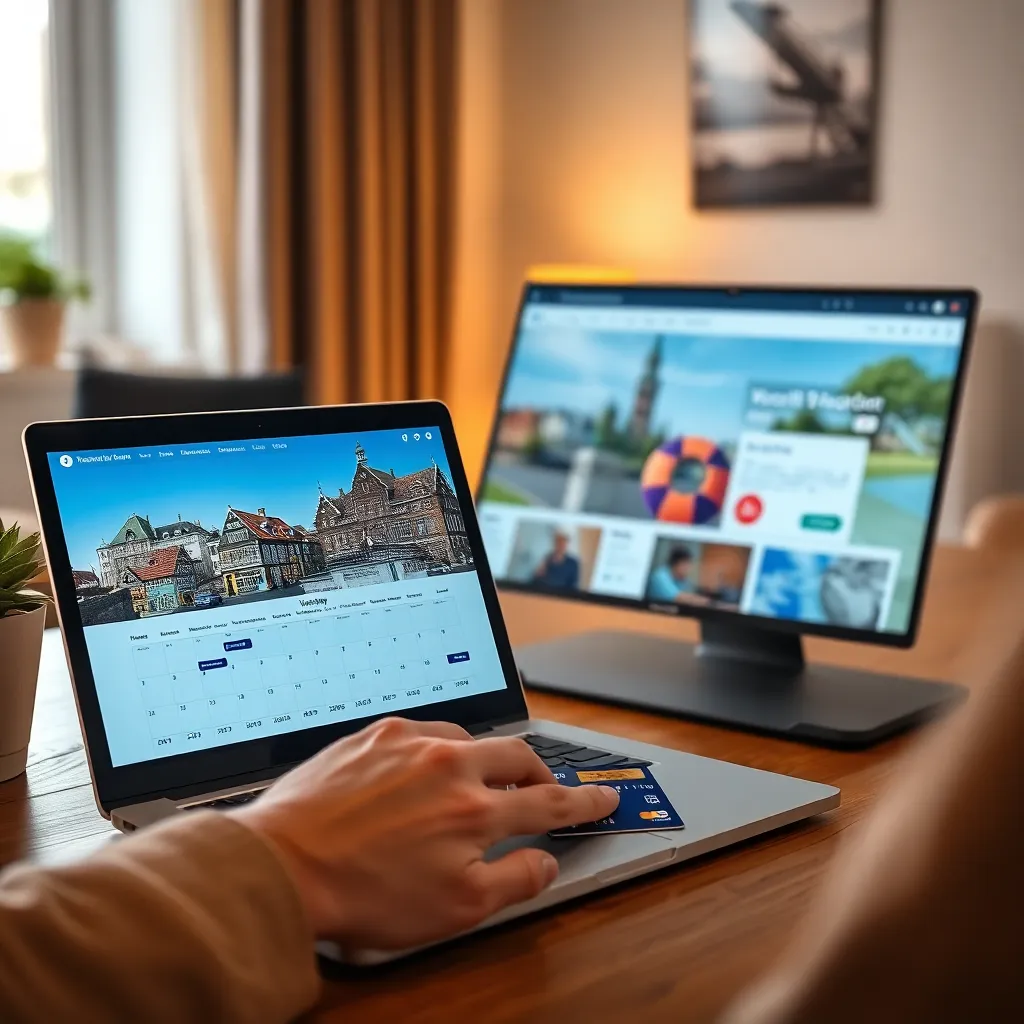 Persoon die verschillende vakantieaccommodaties vergelijkt op computer en tablet